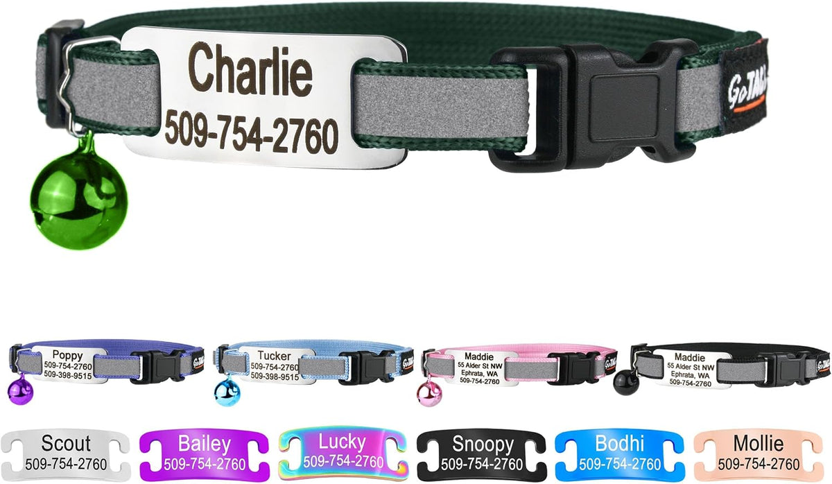 Personalized Reflective Cat Collar with Silent Steel Tag and Safety Buckle