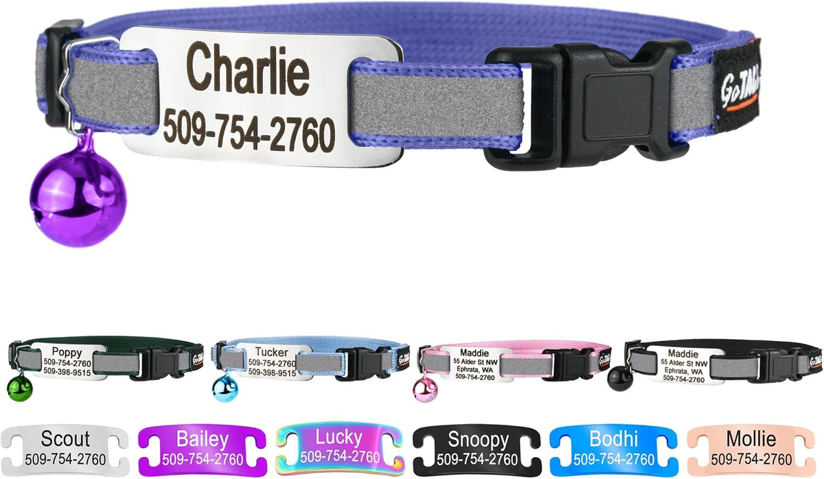 Personalized Reflective Cat Collar with Silent Steel Tag and Safety Buckle