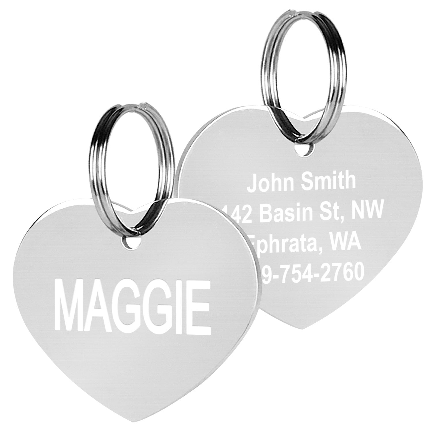 Front and back view of Heart Pet ID Tag, polished stainless steel hearts with engraved name and sample double-sided engraving