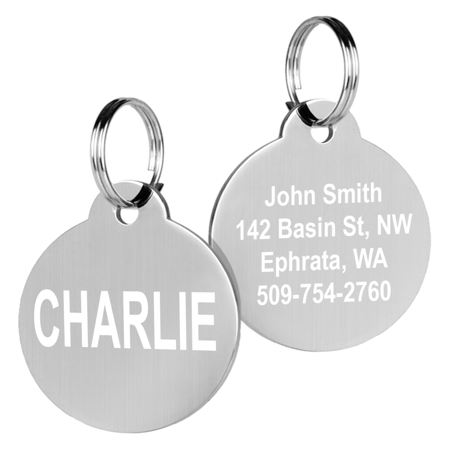 Front and back of stainless steel pet ID tags showing engraved name CHARLIE and address on white background