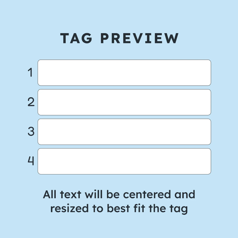 Tag preview showing four engraving lines and text centered and resized to fit the tag