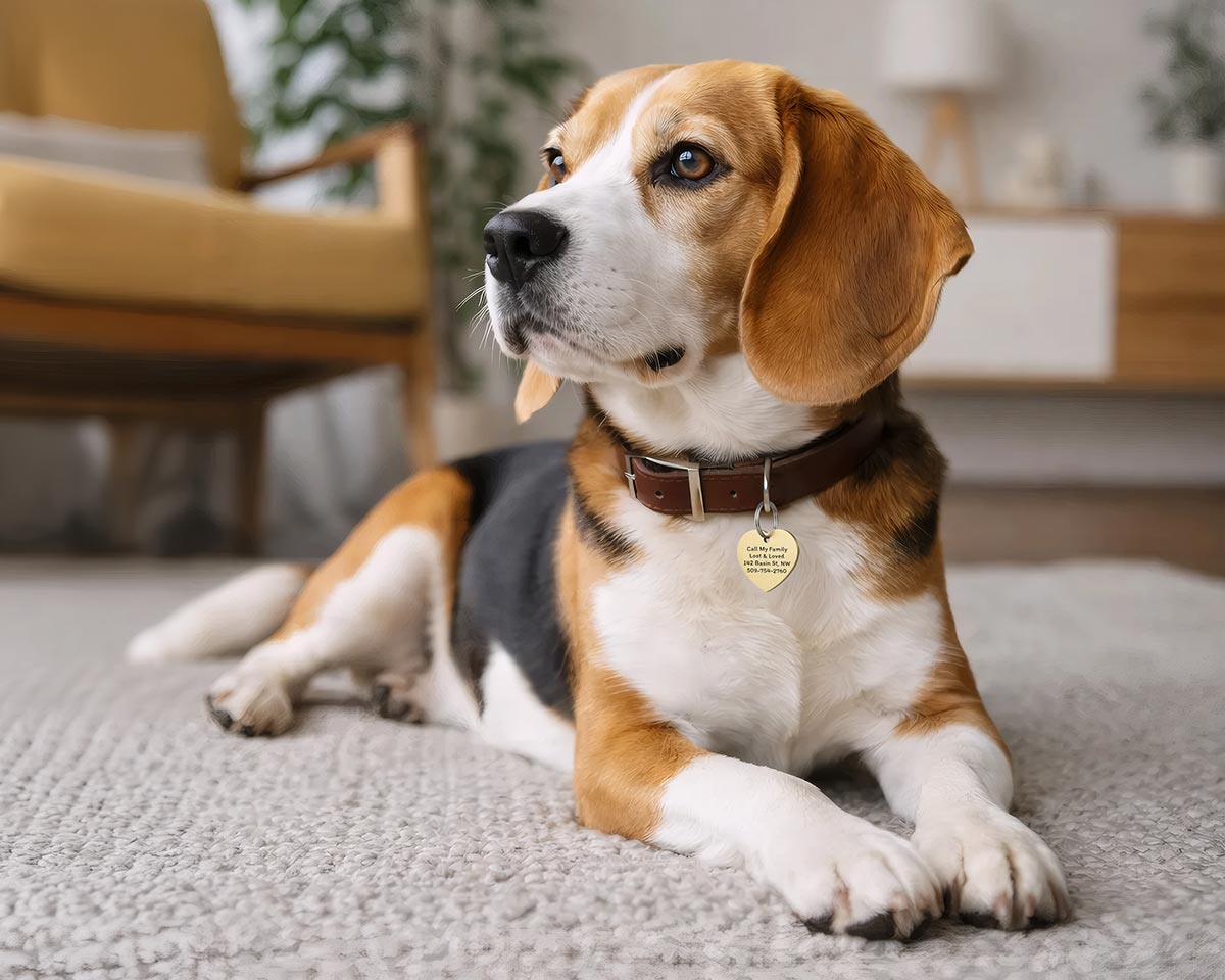 Beagle lying on a living room rug wearing a brown collar with a heart shaped gold pet ID tag
