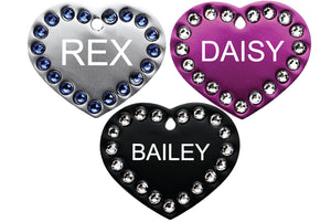 GoTags Heart Shaped Dog Tags with Swarovski Crystals, Personalized and Custom Engraved with Name and ID