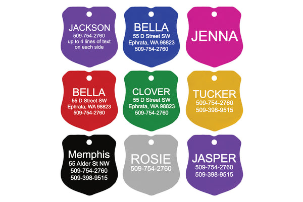 GoTags Dog Tags in Badge Shape, Double Sided Engraved Dog Tags for Dogs and Cats