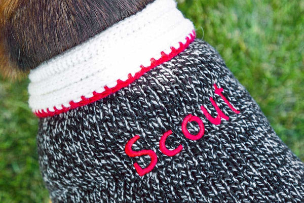 GoTags Black Wool Dog Sweater with Name, Hand Knit Dog Sweater
