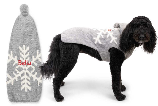 GoTags Gray Snowflake Dog Sweater with Hood and Pom Pom, Personalized Dog Sweater Christmas