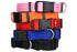 Stacked side view of adjustable nylon dog collars in pink, orange, red, blue, and black showcasing black quick-release buckles and metal D-rings on white background