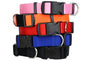 Stacked side view of adjustable nylon dog collars in pink, orange, red, blue, and black showcasing black quick-release buckles and metal D-rings on white background