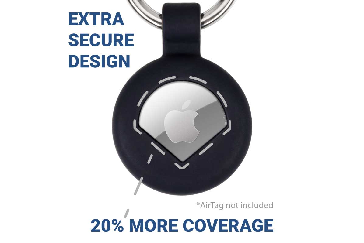 Front view of Air Tag GPS Tracker Holder showcasing extra secure design and 20% more coverage with metal split ring on white background