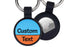 Front view AirTag keychain with blue and orange silicone, two-line engraving and metal split ring on white background