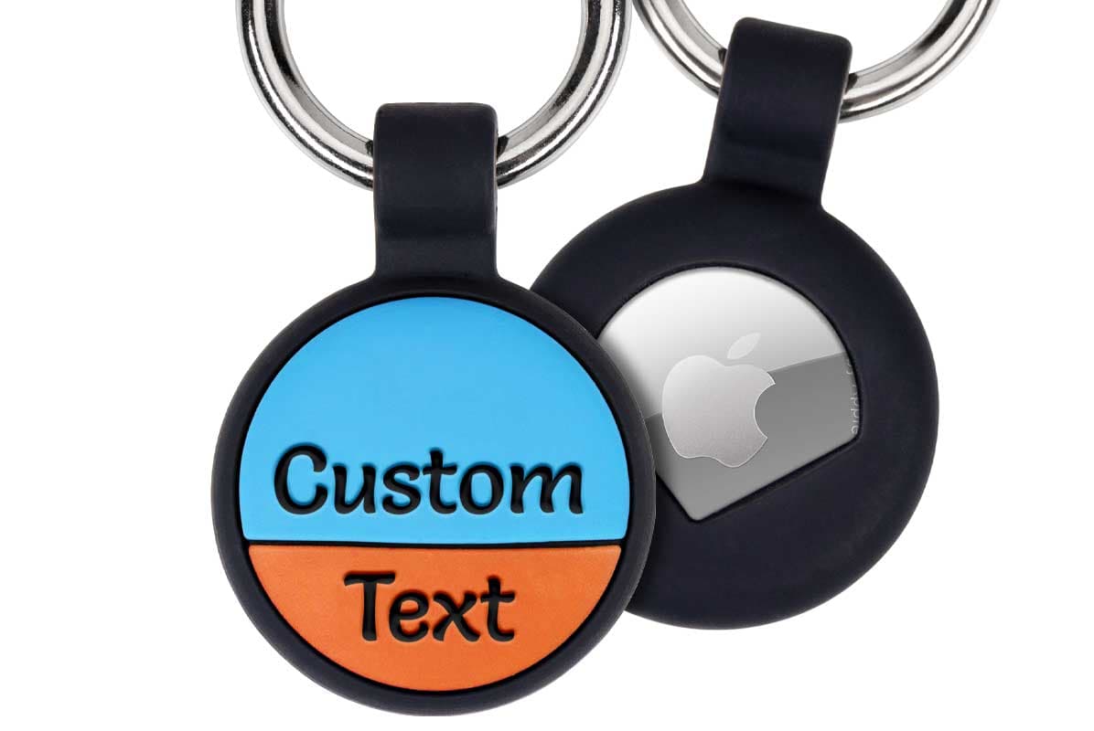 Front view AirTag keychain with blue and orange silicone, two-line engraving and metal split ring on white background