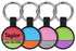 Front view of personalized silicone AirTag keyrings showcasing deep engraved custom text and metal split rings in assorted colors on white background