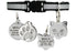 Front view of black breakaway reflective cat collar with safety buckle, bell and engraved paw ID tag on white background