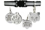 Front view of black breakaway reflective cat collar with safety buckle, bell and engraved paw ID tag on white background