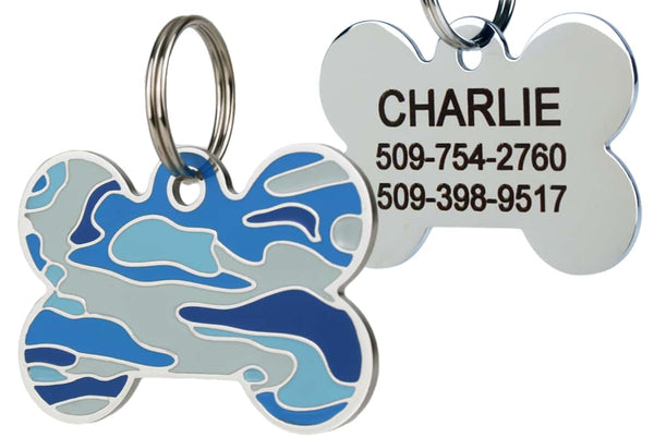 GoTags Blue Camo Dog Tag for Dogs, Camouflage Pet Tags made of Stainless Steel, Engraved