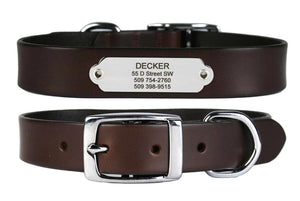 GoTags Brown Leather Dog Collars with Nameplate ID Tag, Personalized Stainless Steel Name Plate Engraved with Custom ID