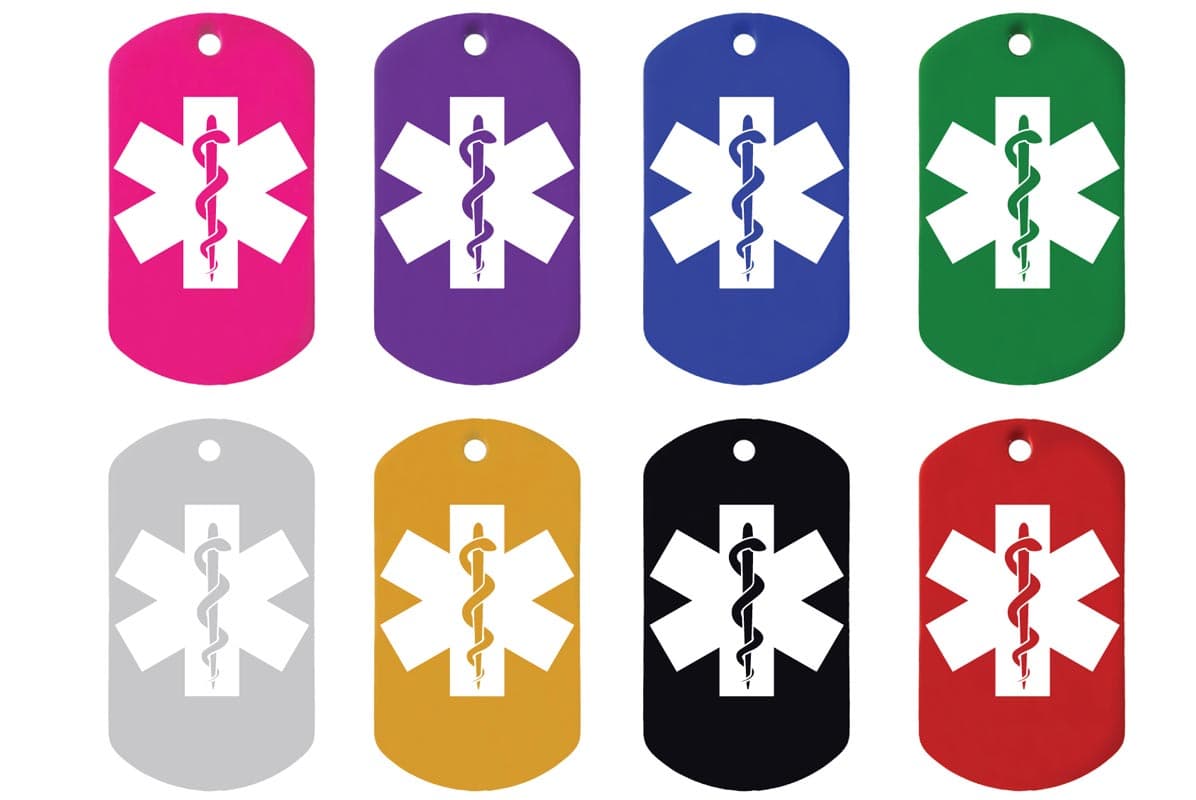 Front view of Personalized Medical Alert ID Tag showcasing eight colors and white Star of Life symbols on white background