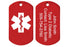 Two views of red medical alert tag showing white Star of Life and sample engraving John Smith Type 2 Diabetic emergency contact