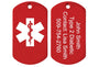 Two views of red medical alert tag showing white Star of Life and sample engraving John Smith Type 2 Diabetic emergency contact