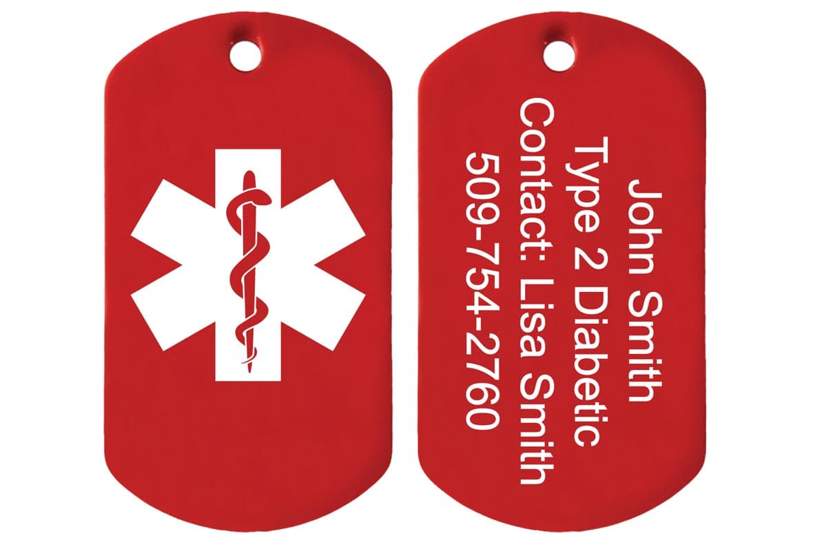 Two views of red medical alert tag showing white Star of Life and sample engraving John Smith Type 2 Diabetic emergency contact