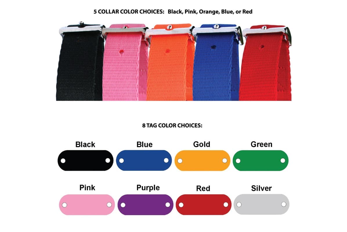 Collar color swatches: Black, Pink, Orange, Blue, Red; Nameplate tag color swatches: Black, Blue, Gold, Green, Pink, Purple, Red, Silver