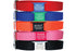 Stacked view of nylon dog collars showcasing personalized slide-on nameplates with sample engraved text on white background