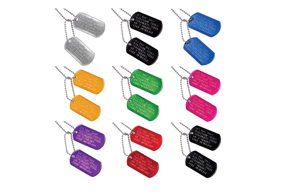 Front view of embossed US military dog tags showing raised text and ball chains in assorted colors on white background
