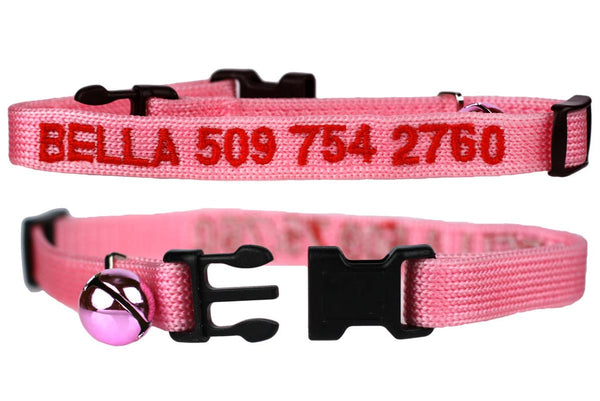 GoTags Pink Personalized Cat Collar Embroidered with Cat Name and Phone Number, Breakaway Cat Collar with Bell