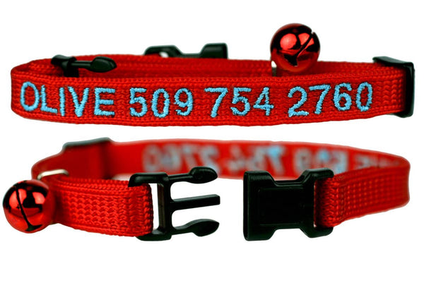 GoTags Red Personalized Cat Collar with Breakaway Buckle and Bell, Embroidered with Cat name and Phone Number