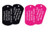 Angled view of Engraved Military Dog Tag Necklace Set with two black and two pink anodized tags showing white laser engraving on white