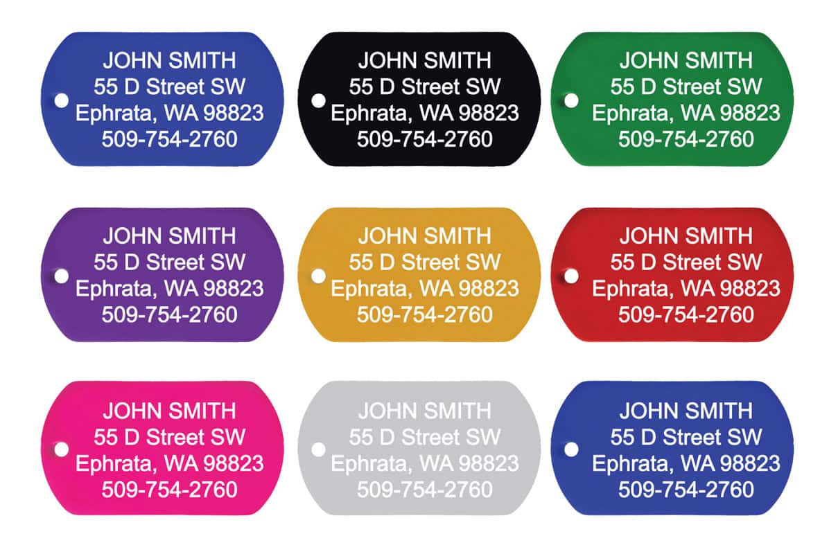 Front view of nine engraved military dog tags in eight anodized aluminum colors with sample personalization
