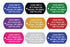 Front view of nine engraved military dog tags in eight anodized aluminum colors with sample personalization