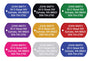 Front view of nine engraved military dog tags in eight anodized aluminum colors with sample personalization