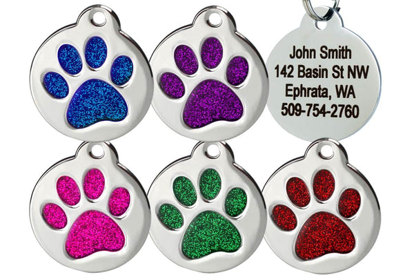 Glitter Paw Print Pet ID Tags in Stainless Steel