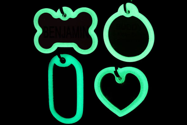 GoTags Glow in the Dark Pet Tag Silencers Bone Heart Round Rectangle