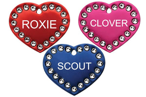 GoTags Heart Shaped Pet Tags with Swarovski Crystals, Personalized and Custom Engraved with Pet Name and ID