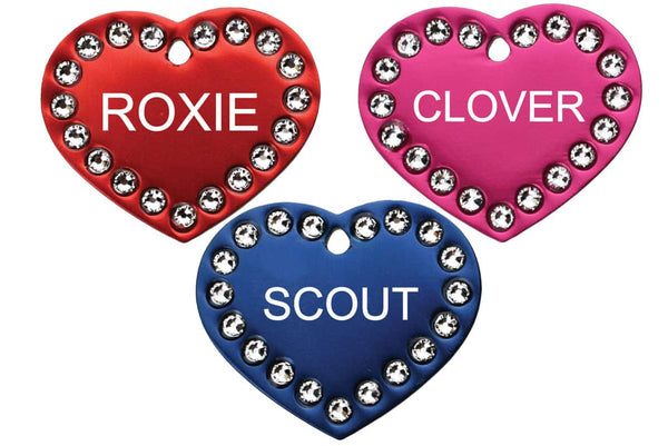 GoTags Heart Shaped Pet Tags with Swarovski Crystals, Personalized and Custom Engraved with Pet Name and ID