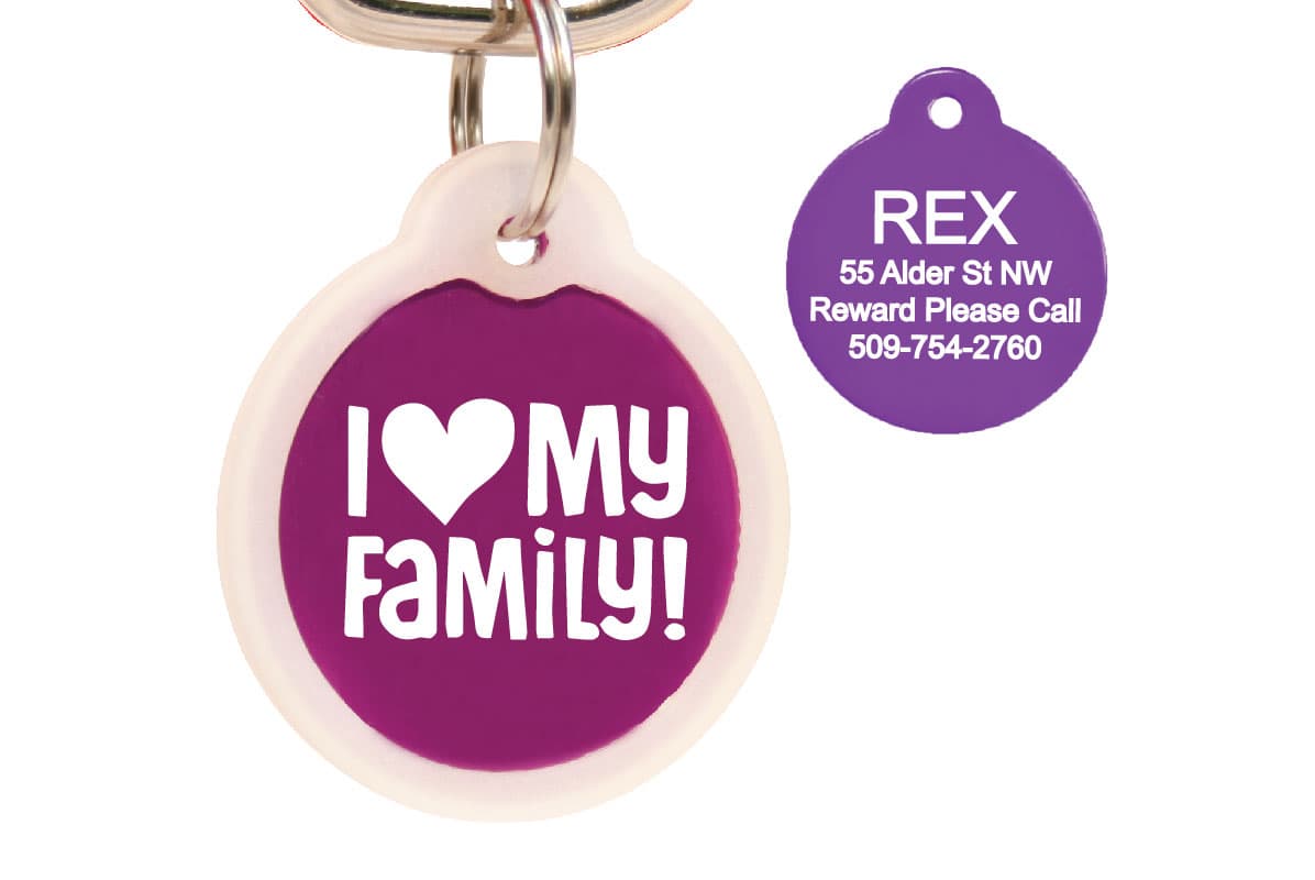 Front view of I Love My Family pet ID tag with silencer, purple front reading I love my family, plus engraved back sample on white background
