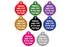 Nine round cat ID tags in assorted colors reading Indoor only CAT If I’m out I’m lost