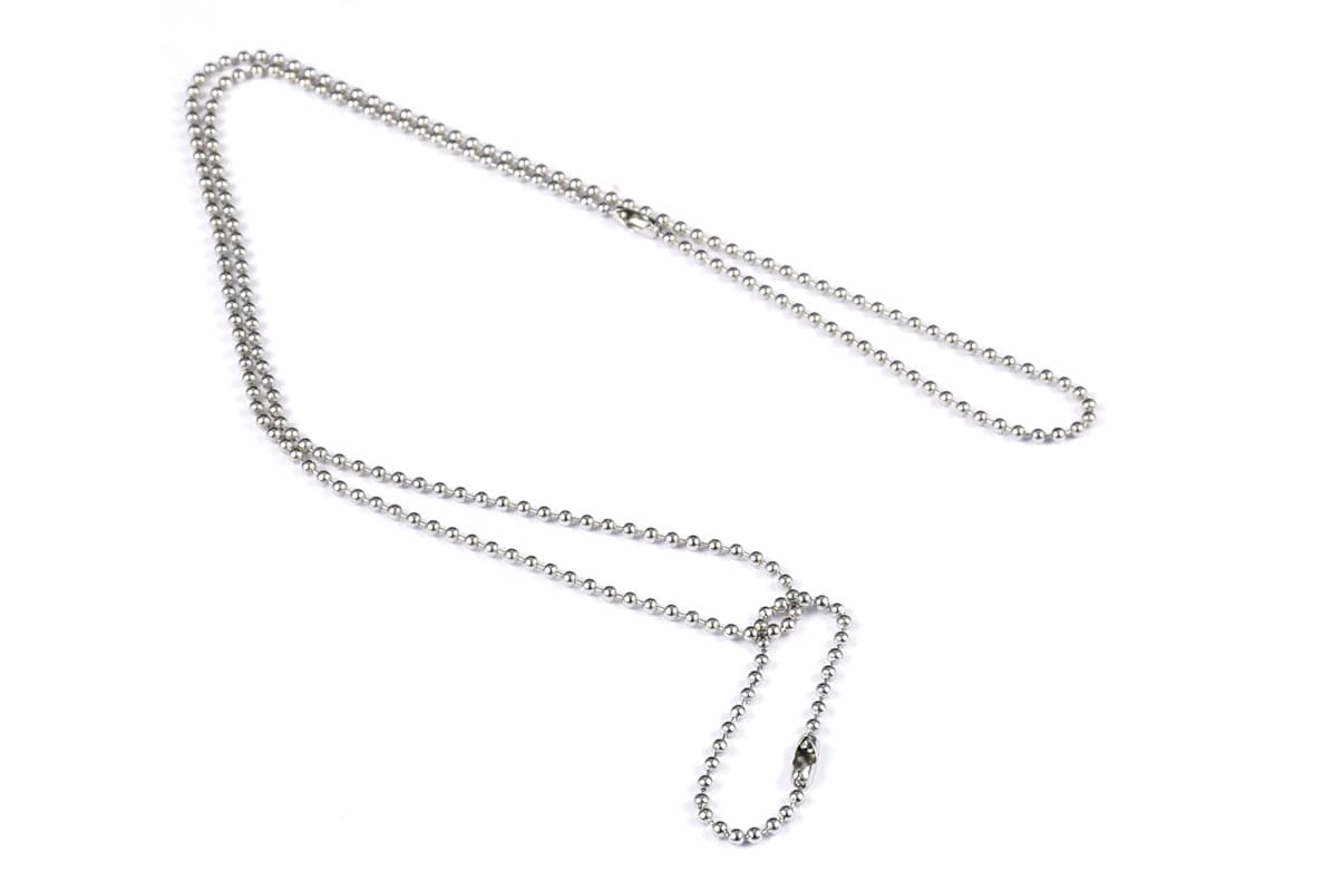 Top view of stainless steel ball chain for engraved military dog tag necklace showcasing ball links and connector clasp on white background