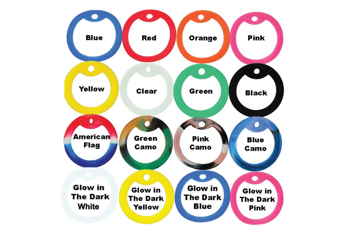 16-color dog tag silencer swatches including solid colors, camo patterns, American flag, and glow-in-the-dark options
