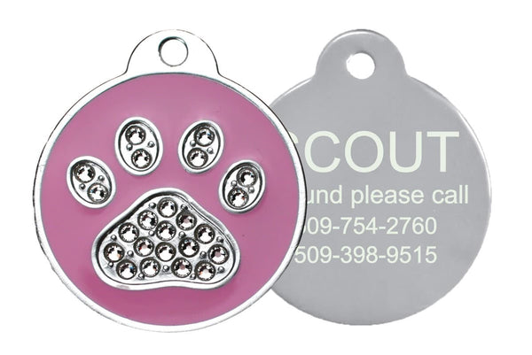 GoTags Pink Paw Print Pet ID Tag with Swarovski Crystals Personalized Engraved