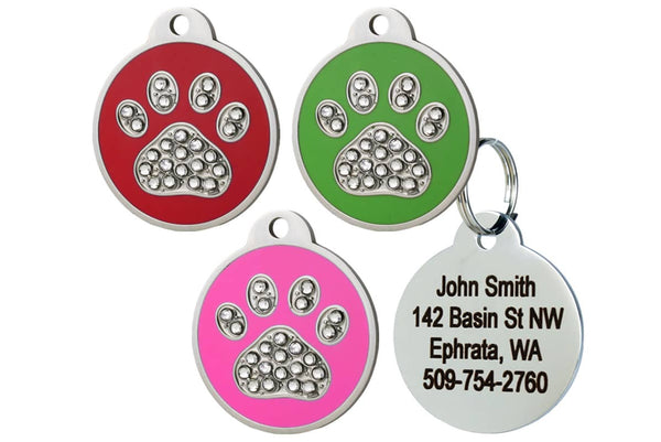 GoTags Personalized Stainless Steel Dog & Cat ID Tag, Swarovski Crystal Paw Print, Green, Small
