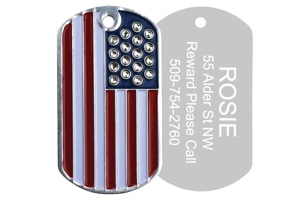 GoTags American Flag Military Dog Tag for Dogs with Swarovski Crystal Stars, Personalized, Engraved