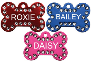 GoTags Bone Shape Dog Tags with Swarovski Crystals, Personalized Engraved Pet Tags