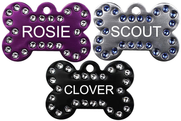 GoTags Bone Shaped Dog Tags with Swarovski Crystals, Personalized Engraved Pet Tags