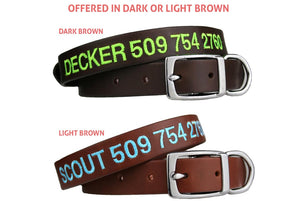 GoTags Brown Leather Dog Collars Custom Embroidered and Personalized with Dog Name and Phone Number
