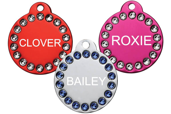 GoTags Pet ID Tags with Swarovski Crystals, Red, Pink, Personalized, Engraved