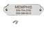 Front of Rivet-On nameplate, polished stainless steel engraved MEMPHIS, phones 509-754-2760/509-398-9515, rivets on white