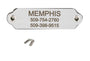 Front of Rivet-On nameplate, polished stainless steel engraved MEMPHIS, phones 509-754-2760/509-398-9515, rivets on white